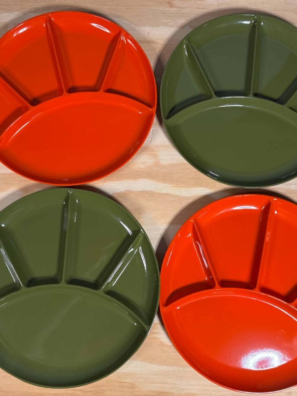Vintage MCM Melamine Divided Fondue Grill Plates Set of 4 Orange Green Japan